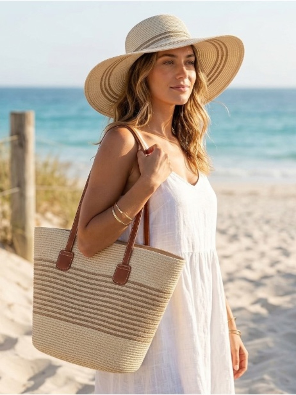 Woven Straw Beach Tote Bag and hat with Brown Trim